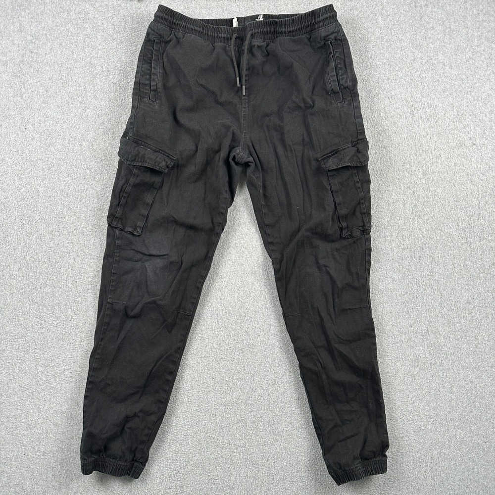 Redtag Cargo Pants Mens S Joggers Black Elastic Waist Cotton Blend Tapered Fit